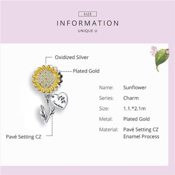 Sunflower Charm Fit for Pandora Charms Bracelet and Necklaces - Picture 3 of 4